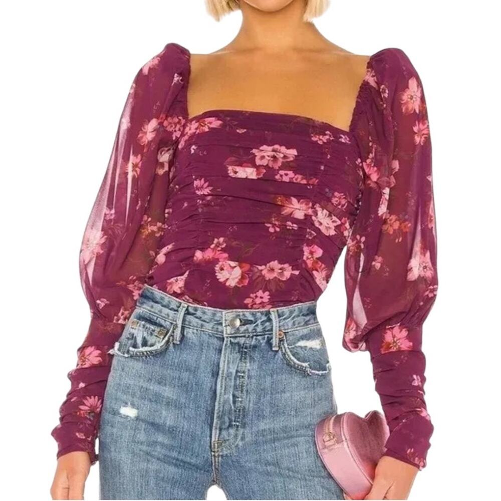 LPA Martha Floral Long Sleeve Chiffon Ruched Blouse in Jolene Floral XS